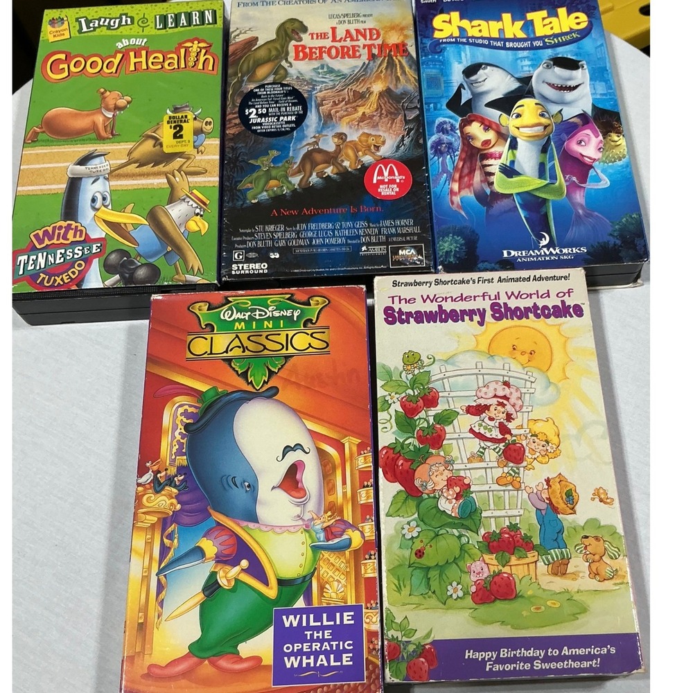 Kids VHS Lot 5 Disney Land Before Time Strawberry Shortcake Shark Tale